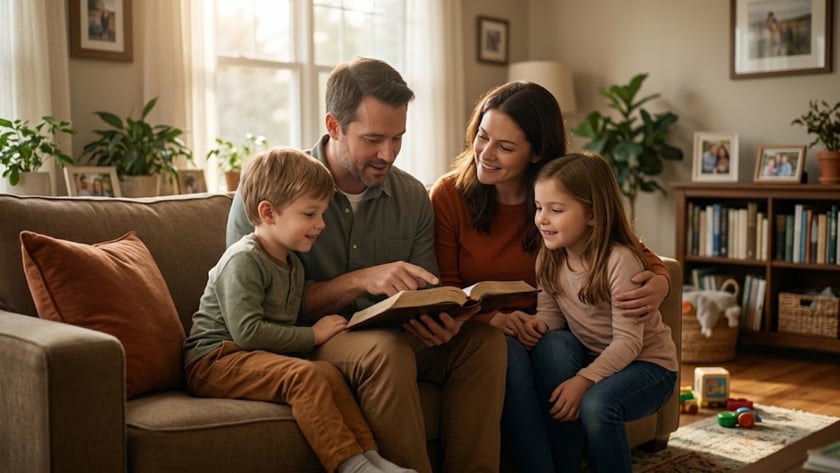 Família com dois filhos pequenos olha um livro grande aberto no sofá da sala.