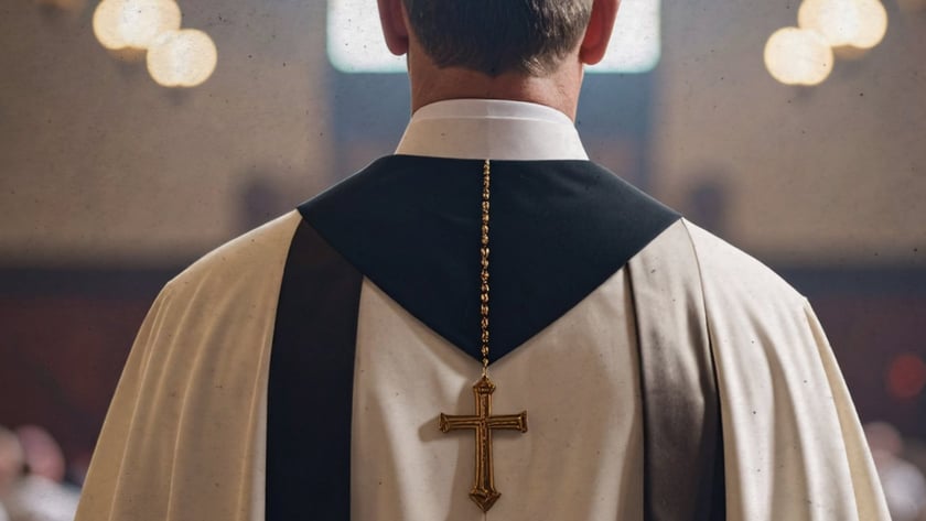 Padre de costas, com vestes brancas e pretas e cruz dourada, dentro de uma igreja.