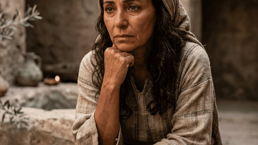Mulher de lenço na cabeça, sentada num banco de madeira, com lágrimas no rosto.