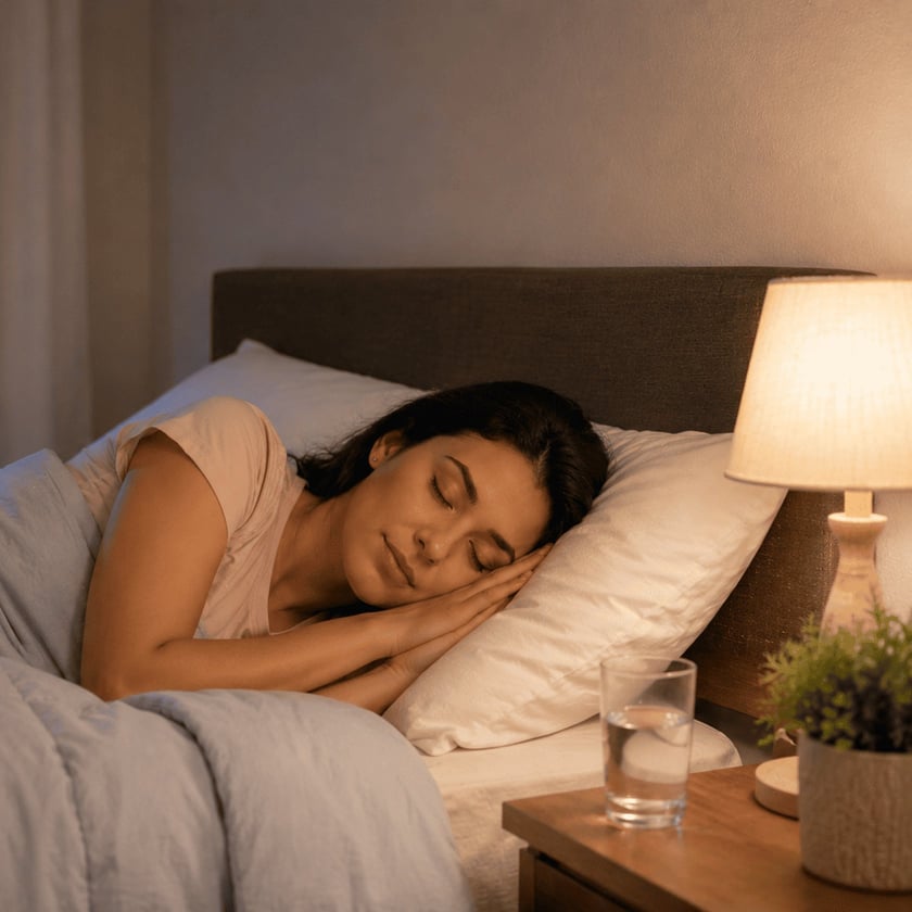 Mulher de cabelo escuro dorme de lado na cama, com abajur aceso ao lado.