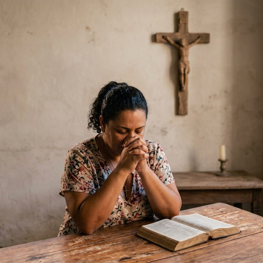 Mulher de olhos fechados e mãos juntas reza diante de uma Bíblia aberta, com crucifixo na parede.