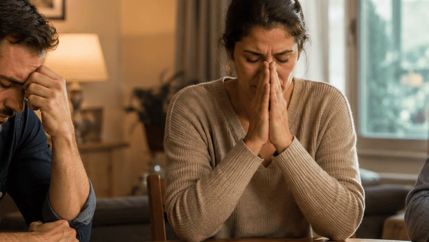 Mulher de mãos juntas diante do rosto, ao lado de um homem curvado, à mesa com papéis.