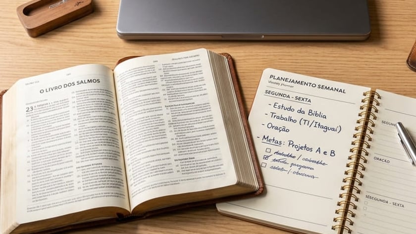 Mesa de madeira com Bíblia aberta, notebook fechado, suculenta e agenda: "Planejamento Semanal".