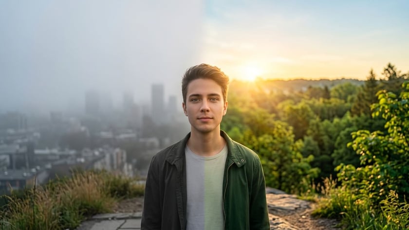 Jovem de jaqueta verde posa em mirante rochoso com floresta e sol ao fundo.