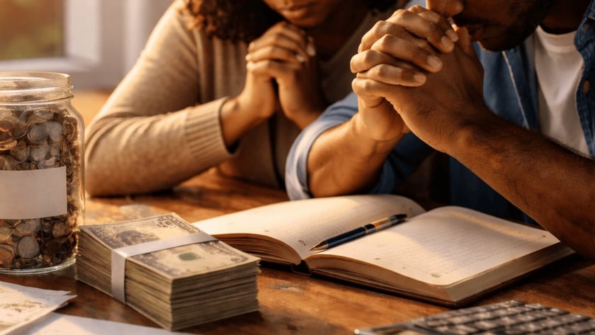 Casal de cabeça baixa e mãos unidas à mesa, com dinheiro, moedas e gráficos.