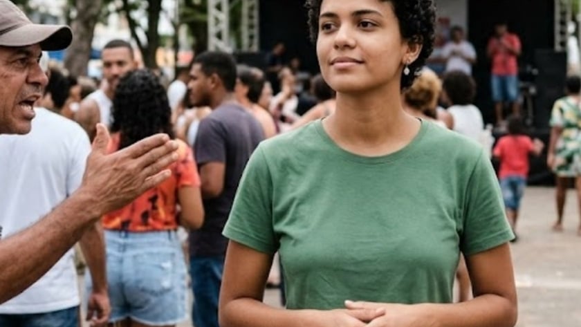Jovem de camiseta verde observa evento ao ar livre enquanto mulher sorridente aplaude ao lado.