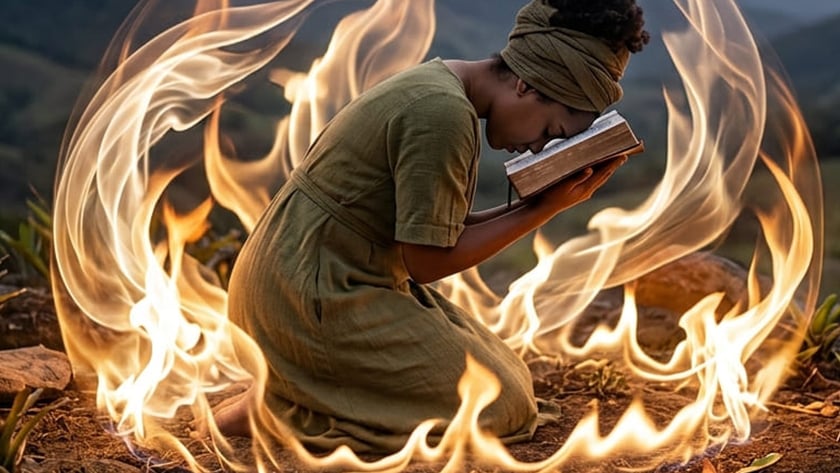 Mulher ajoelhada com a testa apoiada em um livro, cercada por chamas, em um morro.