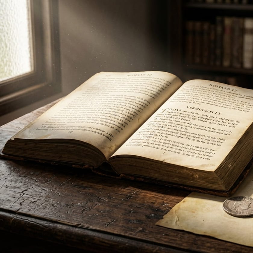 Livro antigo aberto em "Romans 13" sobre mesa de madeira, com uma moeda e um papel.