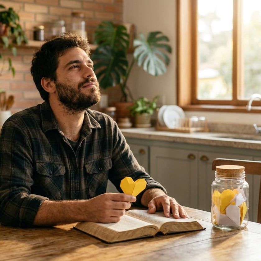 Homem barbudo sentado à mesa de cozinha, com coração de origami amarelo e livro aberto.
