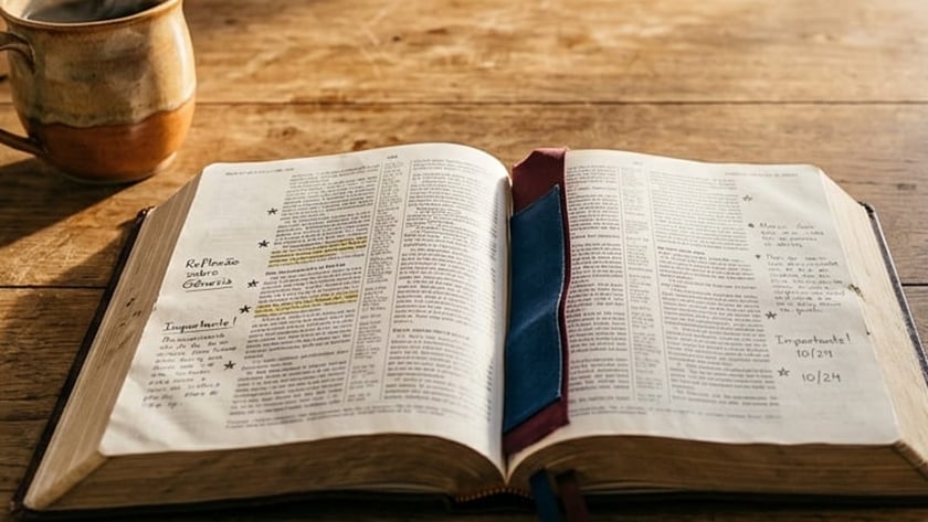 Bíblia aberta ao lado de caderno com "Plano de Leitura para a Família - 7 Dias".