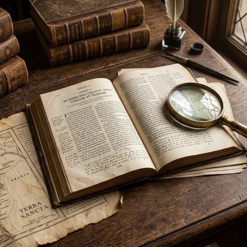 Livro antigo aberto com lupa de latão sobre mesa de madeira, ao lado de pena e tinteiro.