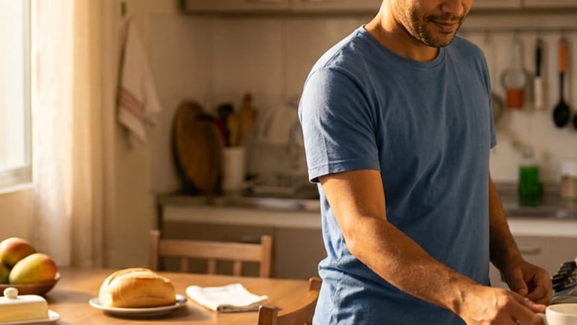 Homem de camiseta azul em cozinha, com Bíblia aberta, pão, manteiga e frutas sobre a mesa.