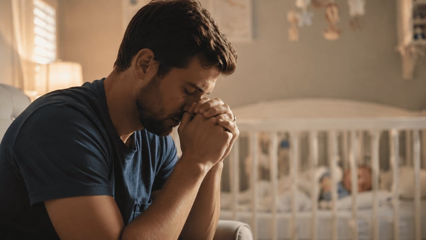 Homem de camiseta azul com as mãos unidas junto ao rosto, sentado em um quarto de bebê.