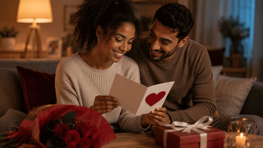 Mulher sorridente lê um cartão com coração vermelho ao lado de um homem, perto de rosas.