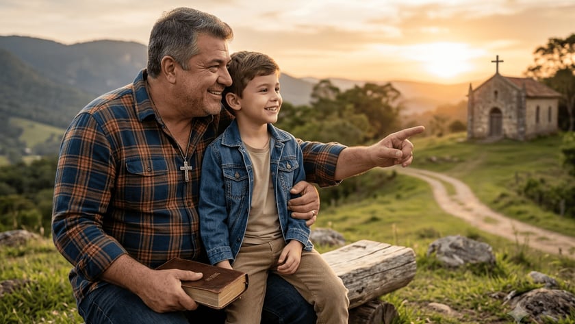 Homem com uma Bíblia e um menino sentados num tronco, apontando para uma capela.