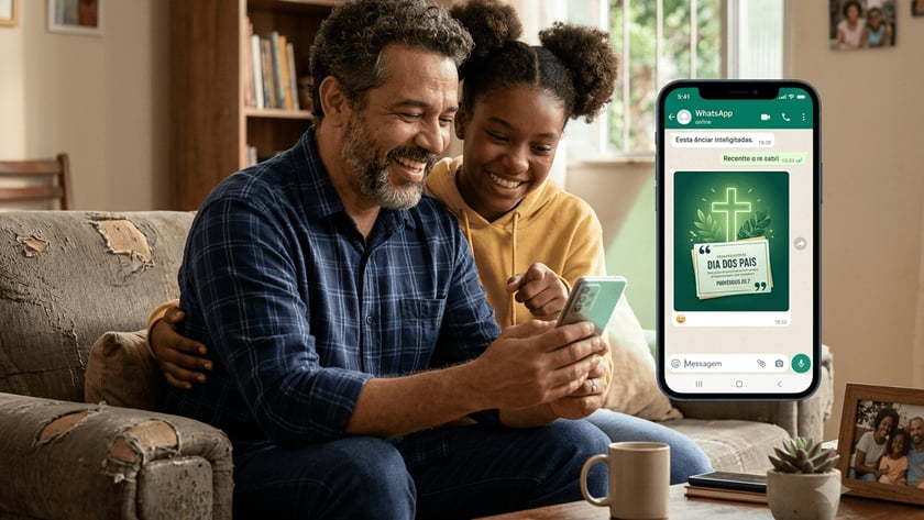 Homem e menina sorriem olhando um celular; na tela, mensagem "Dia dos Pais".