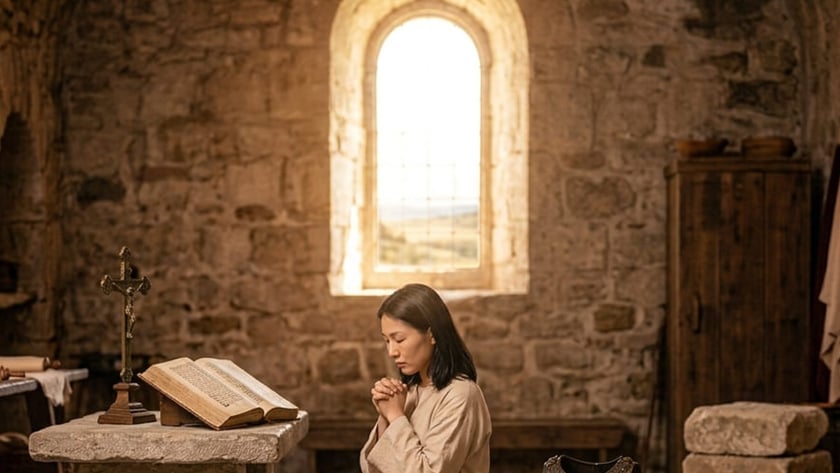 Mulher de túnica ajoelhada reza diante de um altar de pedra, ao lado de armadura medieval.