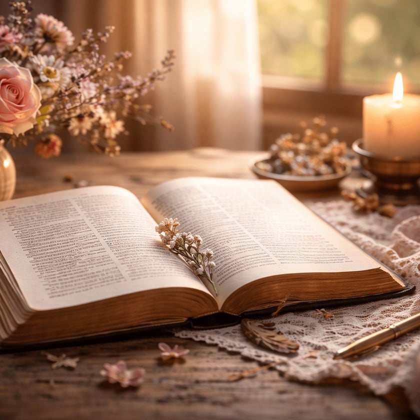 Livro aberto com flor seca entre as páginas, sobre mesa de madeira com vela e flores.