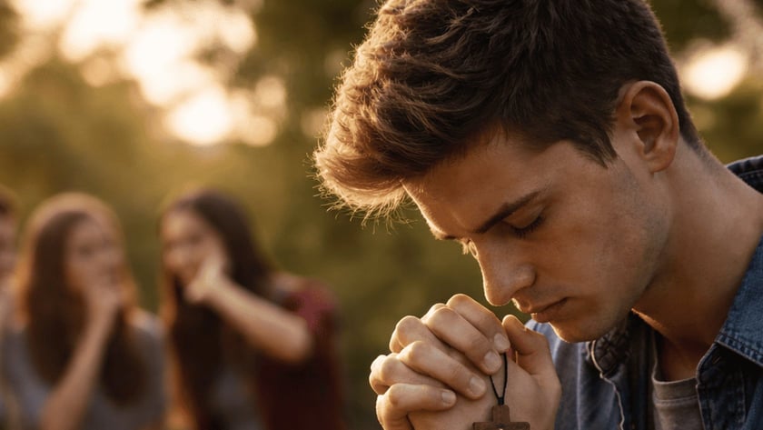 Jovem de olhos fechados reza com um crucifixo de madeira entre as mãos