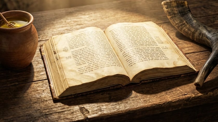 Livro antigo aberto sobre mesa de madeira, entre um pote de mel e um shofar.