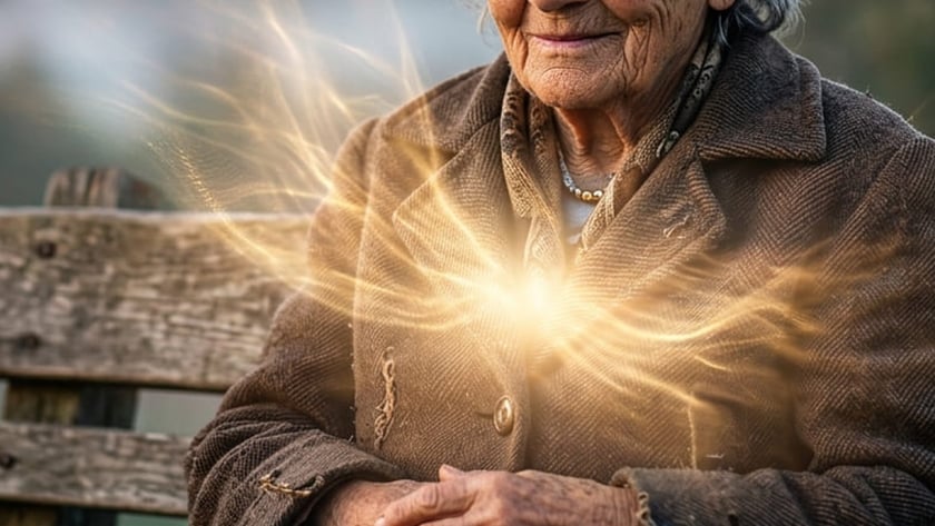 Idosa de cabelos grisalhos e casaco marrom, de olhos fechados, sentada em um banco de madeira.