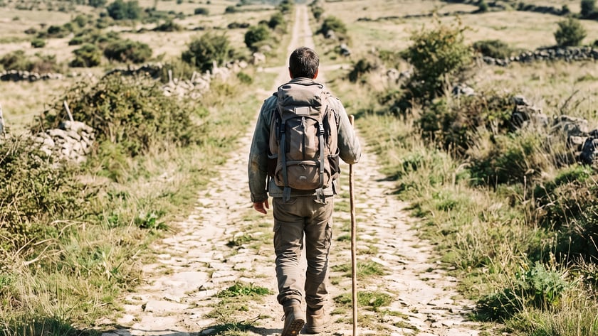 Caminhante de costas, com mochila e cajado, segue por trilha de pedras entre campos.
