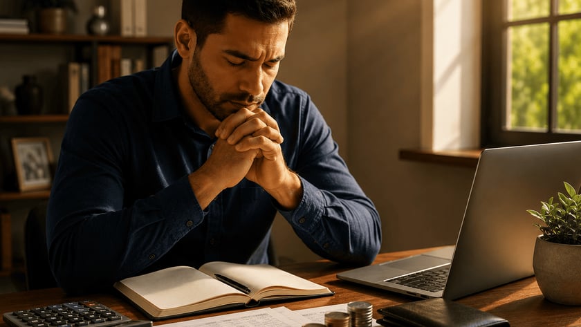 Homem de camisa azul, mãos unidas e olhos fechados, à mesa com notebook, moedas e papéis.