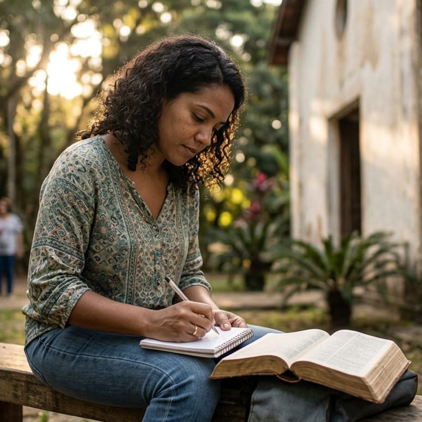Mulher de cabelo cacheado escreve em caderno, com Bíblia aberta no colo, sentada ao ar livre.
