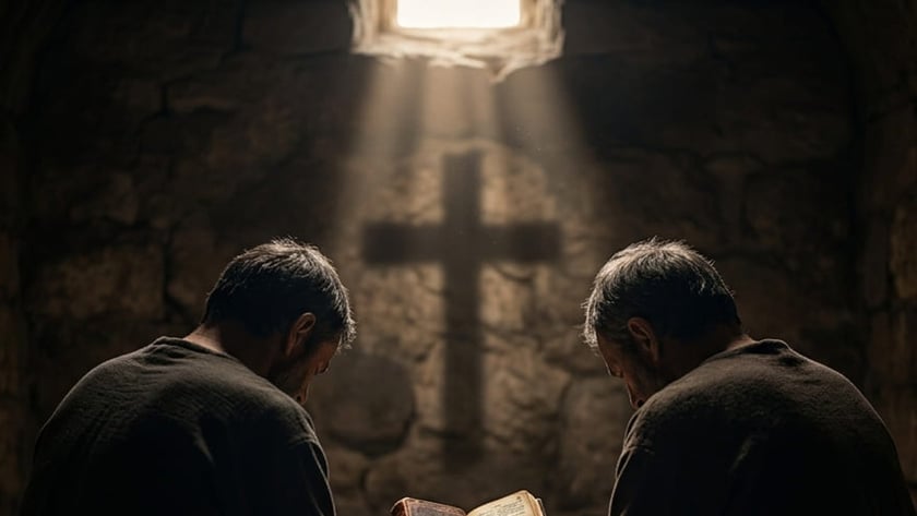Dois homens sentados no chão de uma cela de pedra seguram um livro aberto.