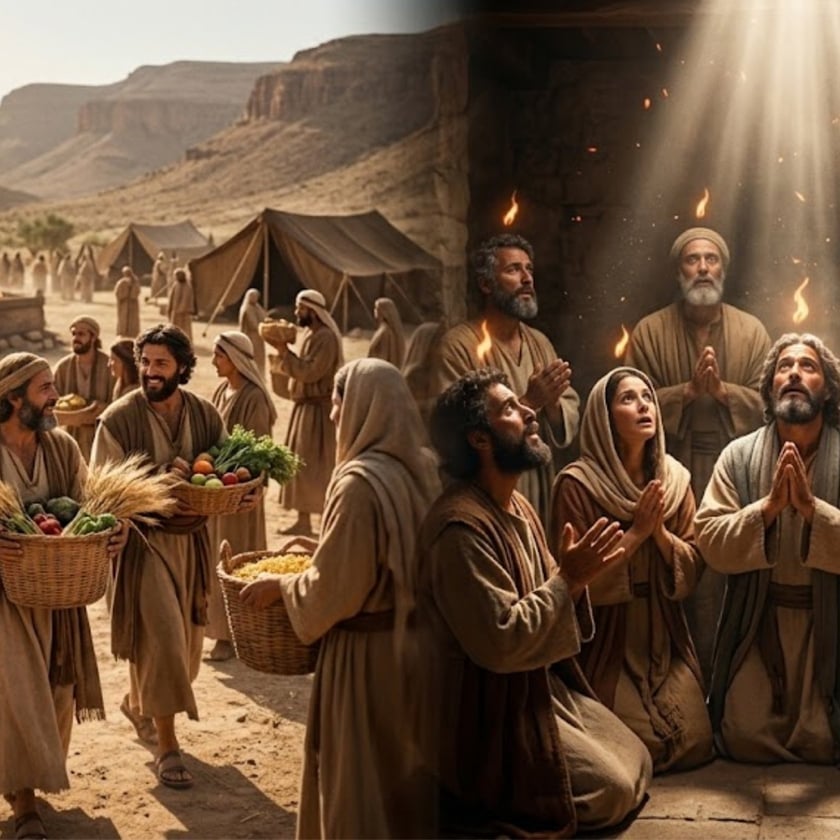 Pessoas carregam cestas de frutas e grãos no deserto; outras ajoelham rezando sob feixe de luz.