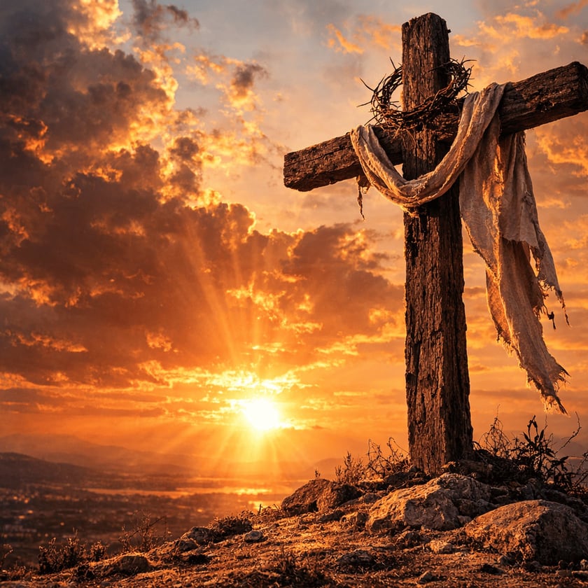 Cruz de madeira com coroa de espinhos e pano rasgado sobre colina ao pôr do sol.