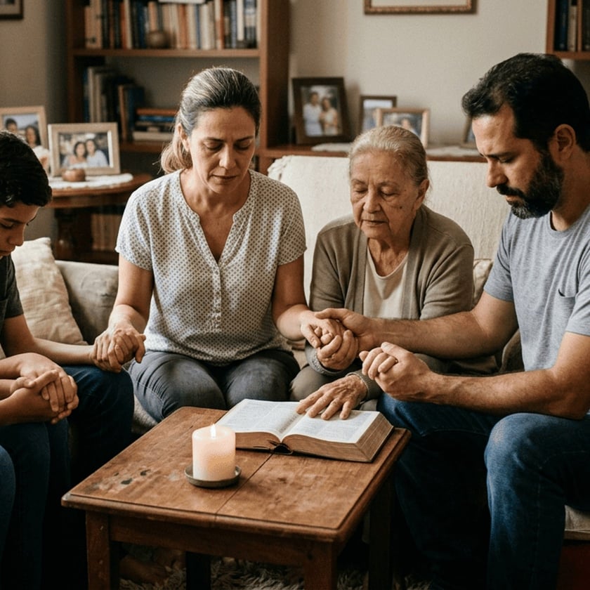 Família de mãos dadas em oração ao redor de uma Bíblia aberta e uma vela na sala.