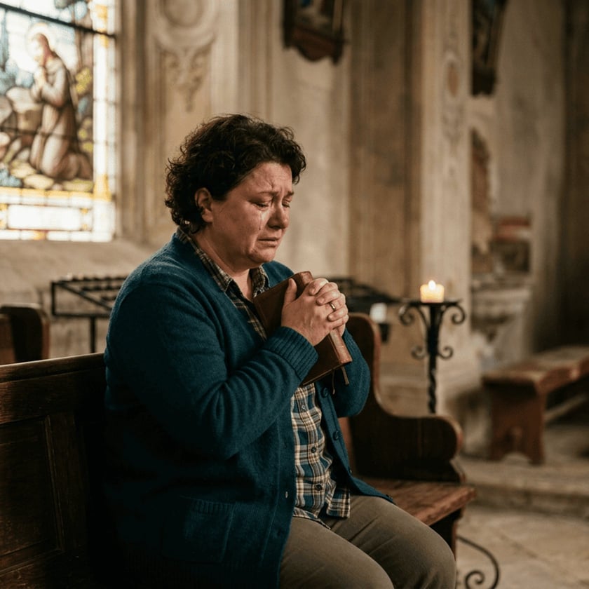 Mulher de cabelo curto e cardigã azul segura um livro junto ao peito, sentada em banco de igreja.