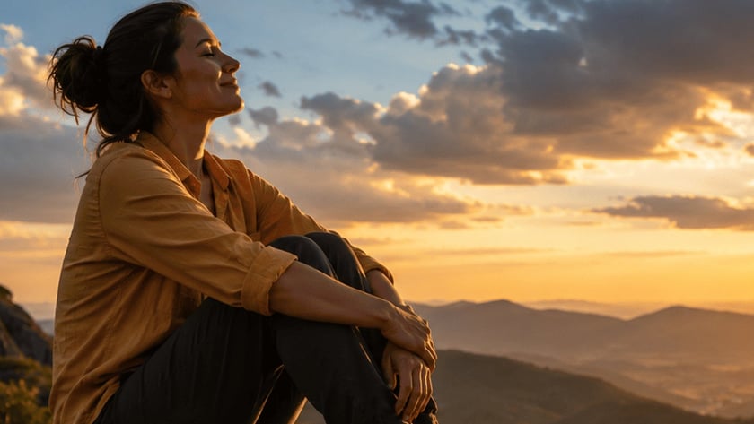 Pessoa de botas e calça escura sentada numa rocha, de frente para montanhas ao pôr do sol.