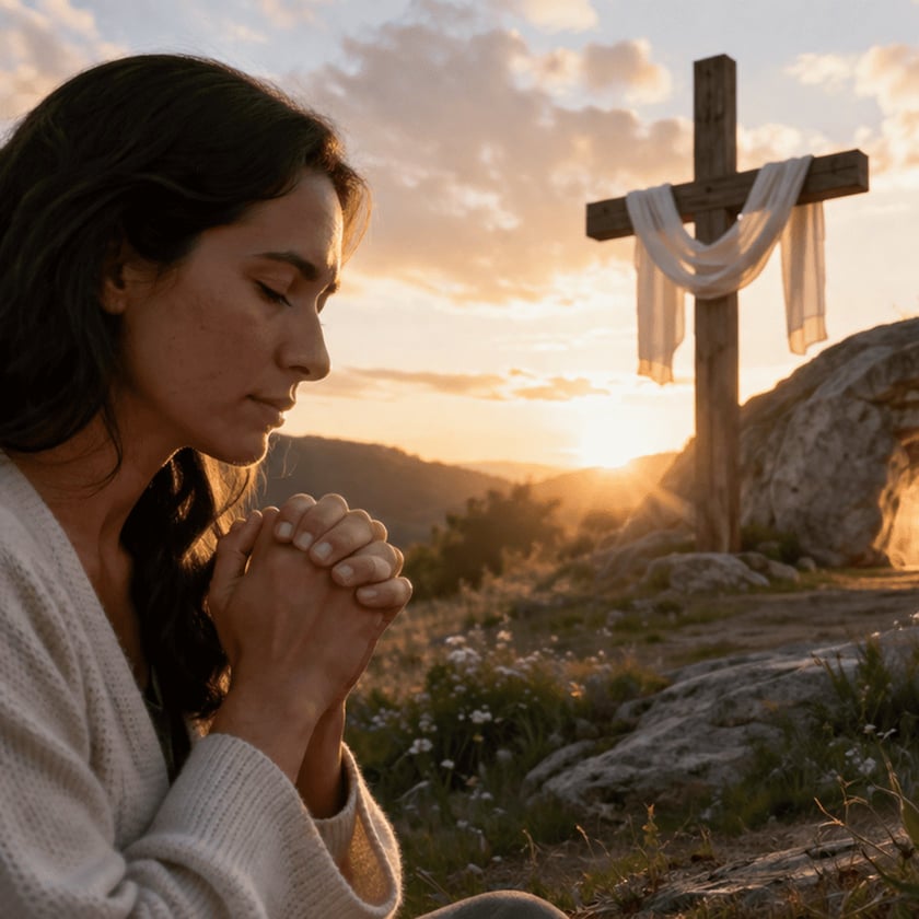 Mulher de cabelos escuros e suéter claro com as mãos unidas, ao lado de uma cruz de madeira.