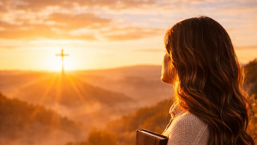 Mulher de cabelos longos segura uma Bíblia diante de uma cruz no horizonte, ao nascer do sol.