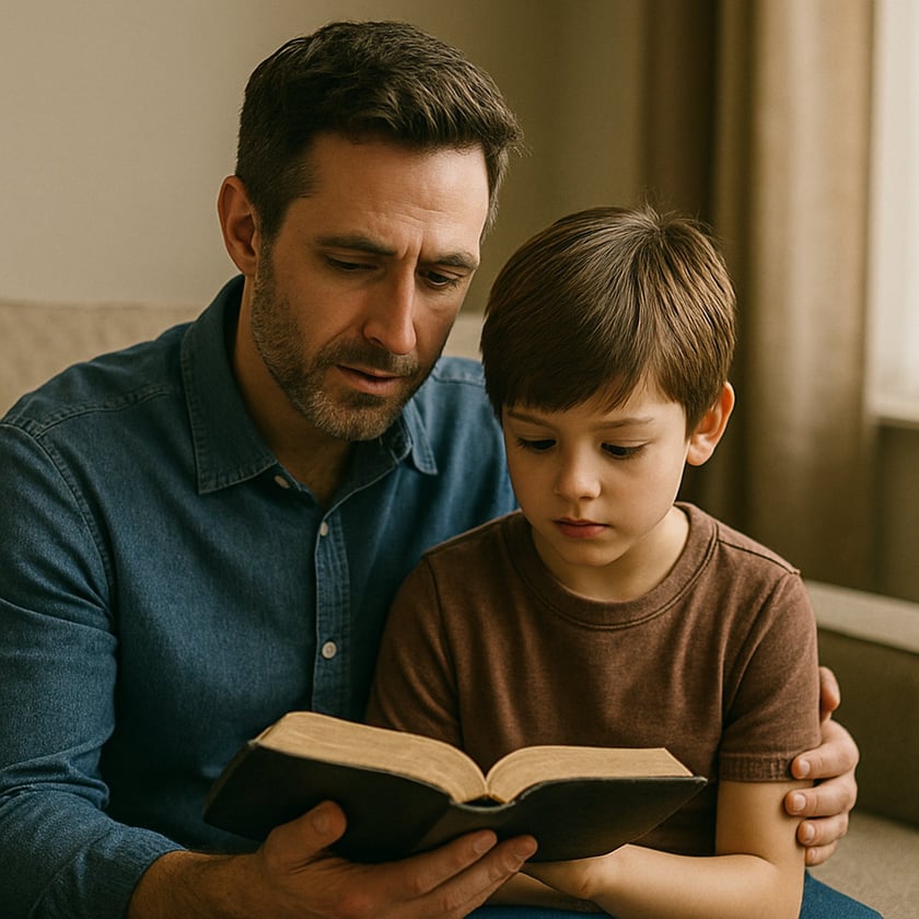 Homem de camisa jeans lê um livro grosso abraçando um menino de camiseta marrom no sofá.