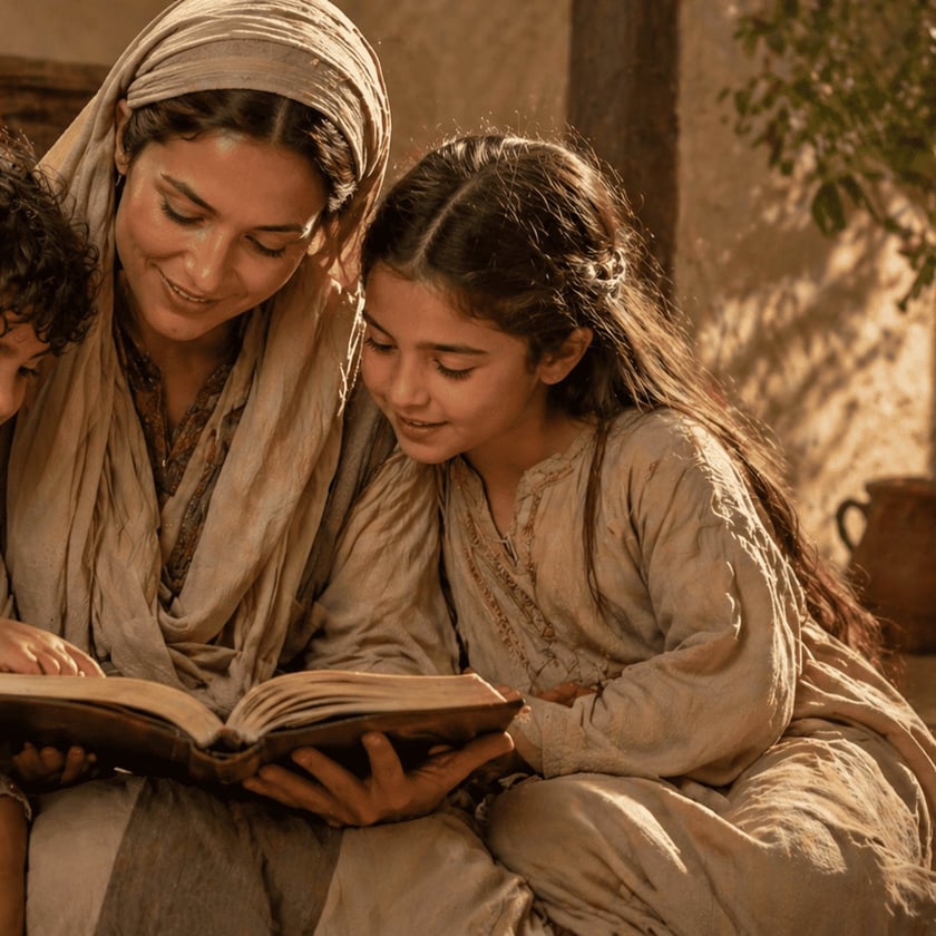 Mulher de véu e uma menina leem juntas um livro grande, com uma criança ao lado.