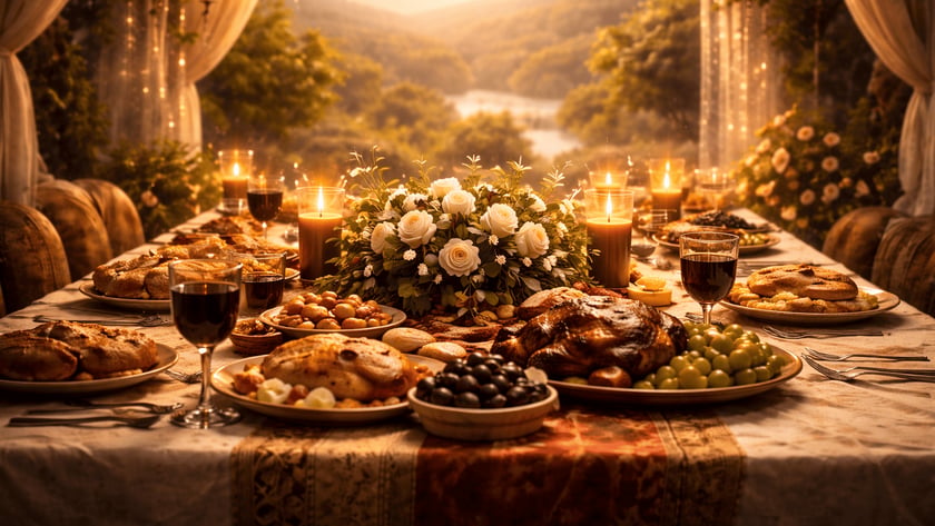 Mesa posta ao ar livre com assado, frutas, vinho, velas e rosas brancas.