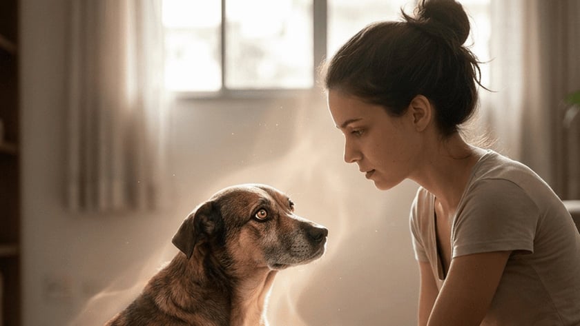 Mulher ajoelhada em uma sala acaricia o peito de um cachorro sentado no tapete.