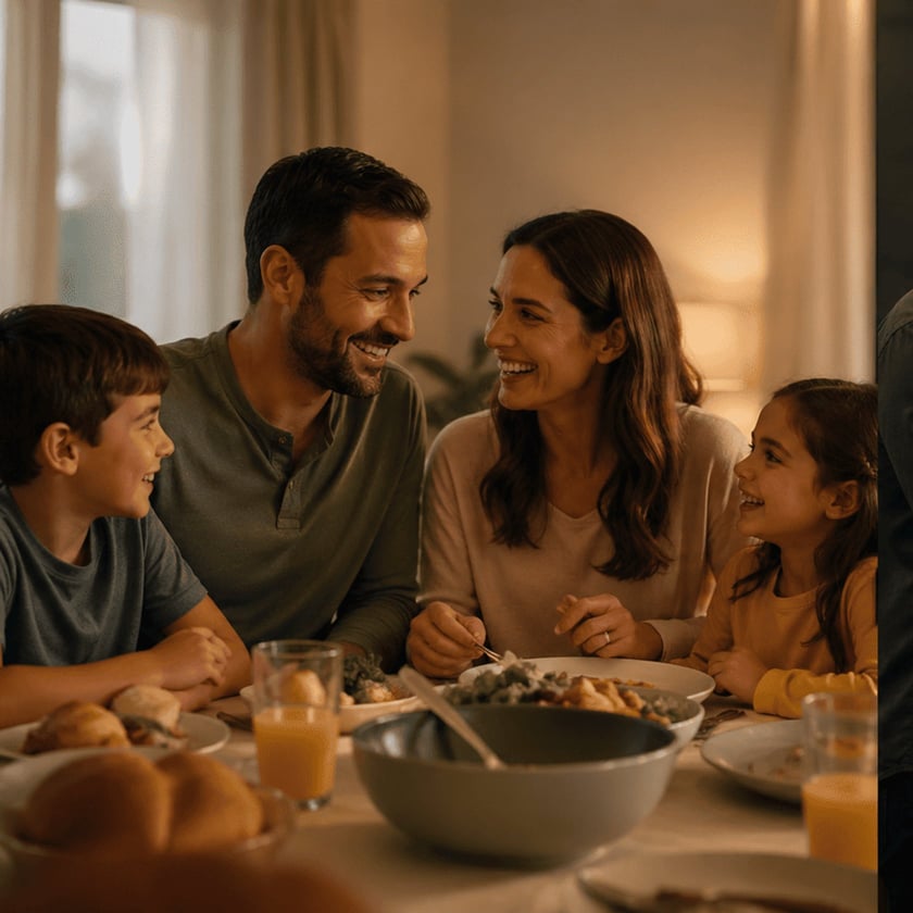 Família com pai, mãe e dois filhos sorrindo à mesa durante uma refeição.