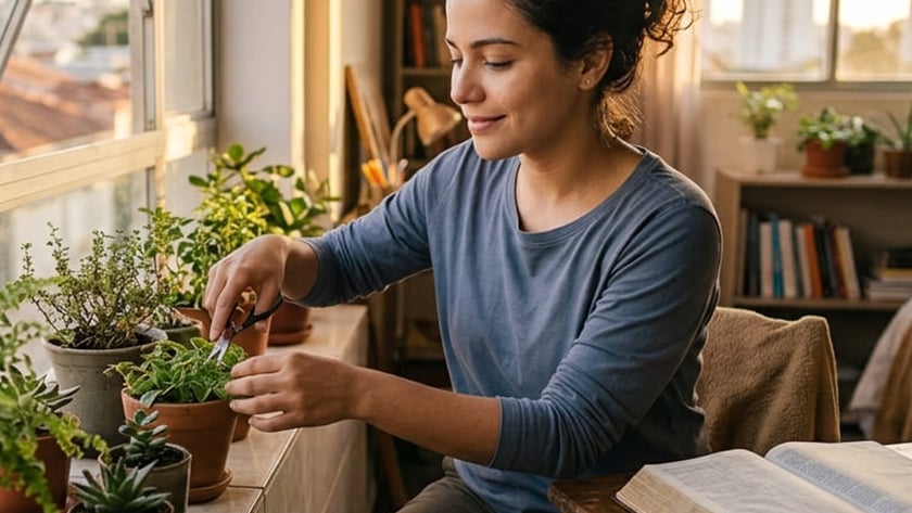 Mulher sentada poda uma plantinha em vaso perto da janela, ao lado de uma Bíblia aberta.