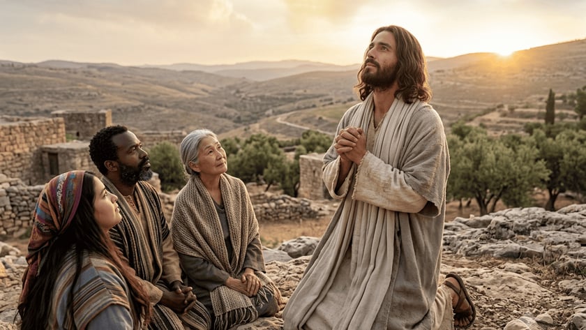 Homem de barba e manto claro ajoelhado, com mãos unidas, olha para o céu ao lado de uma idosa.