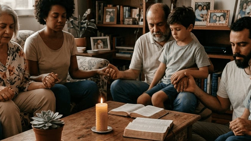 Família de mãos dadas e olhos fechados reza na sala, ao redor de mesa com Bíblias e vela.