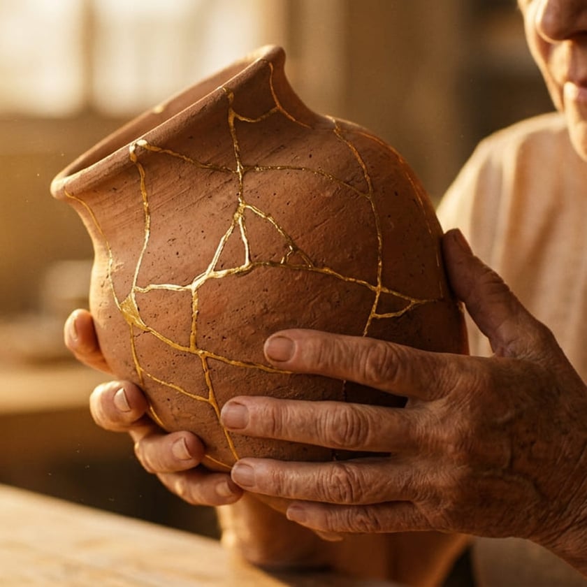Mãos idosas seguram um vaso de barro com rachaduras preenchidas por linhas douradas.