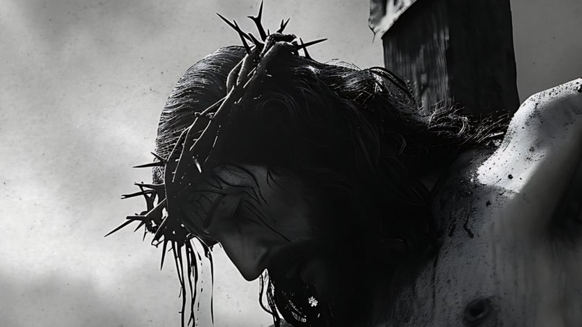Homem com coroa de espinhos e cabeça baixa, pregado em uma cruz de madeira.