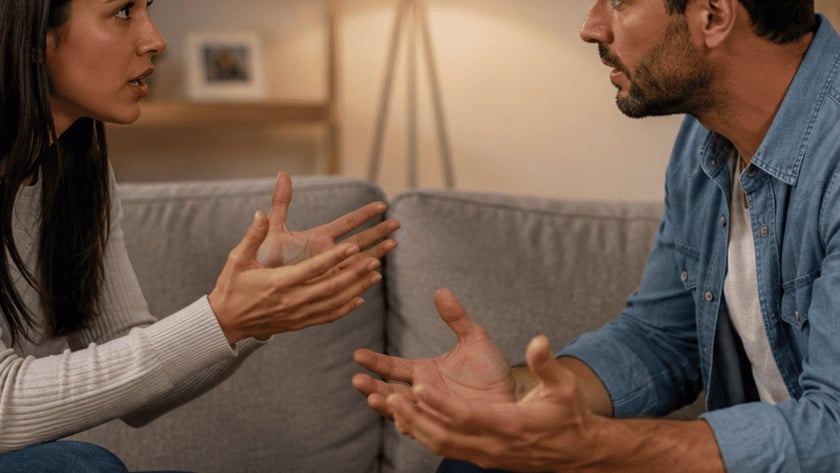 Mulher e homem sentados num sofá cinza conversando, gesticulando com as mãos abertas.