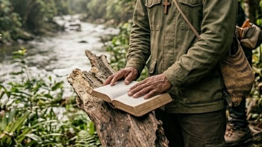 Homem de jaqueta verde lê uma Bíblia apoiada em tronco, perto de rio na floresta.
