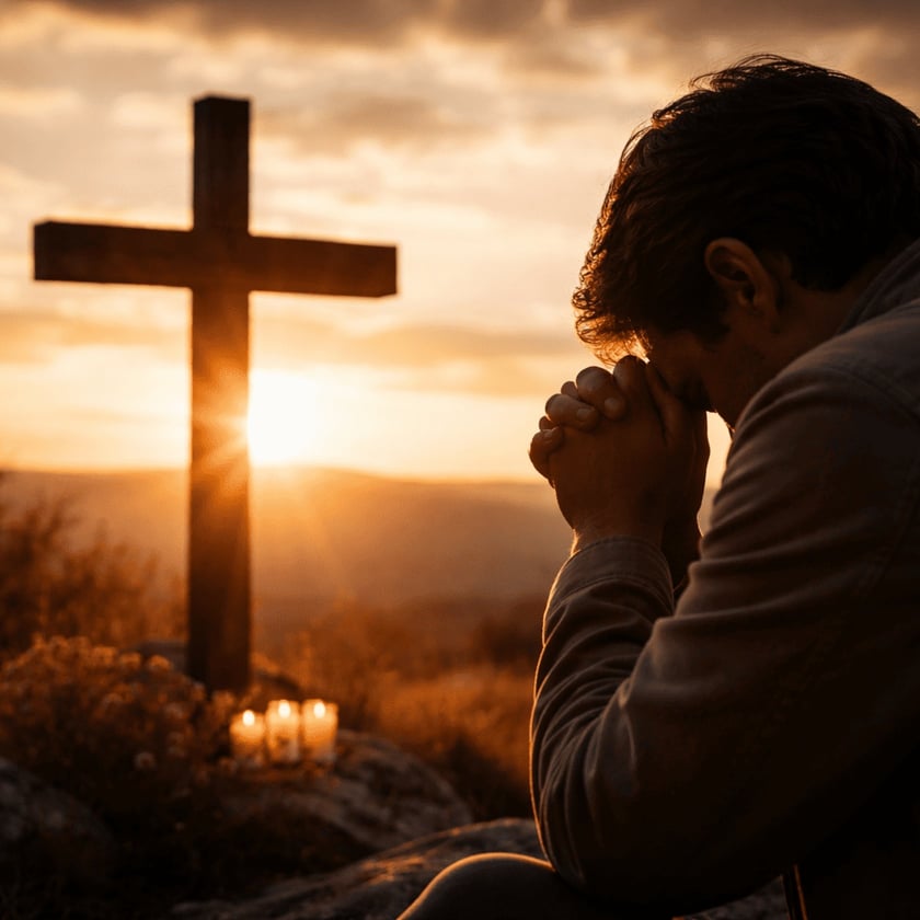 Homem de mãos postas e cabeça baixa diante de uma cruz de madeira, com velas.