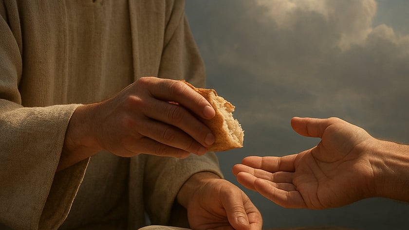 Homem de túnica bege oferece um pedaço de pão a uma mão estendida, ao lado de uma Bíblia aberta.